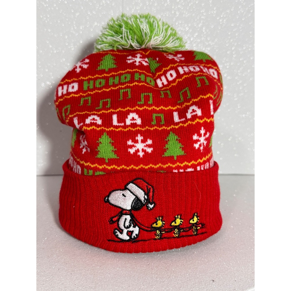 Peanuts Snoopy Woodstock Christmas Beanie Red Fair Isle Pom Pom Hat OSFM